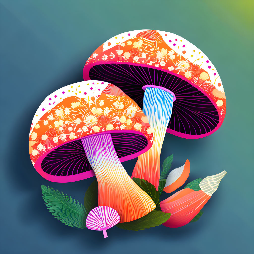 Vibrant illustrated mushrooms with patterned caps on teal background