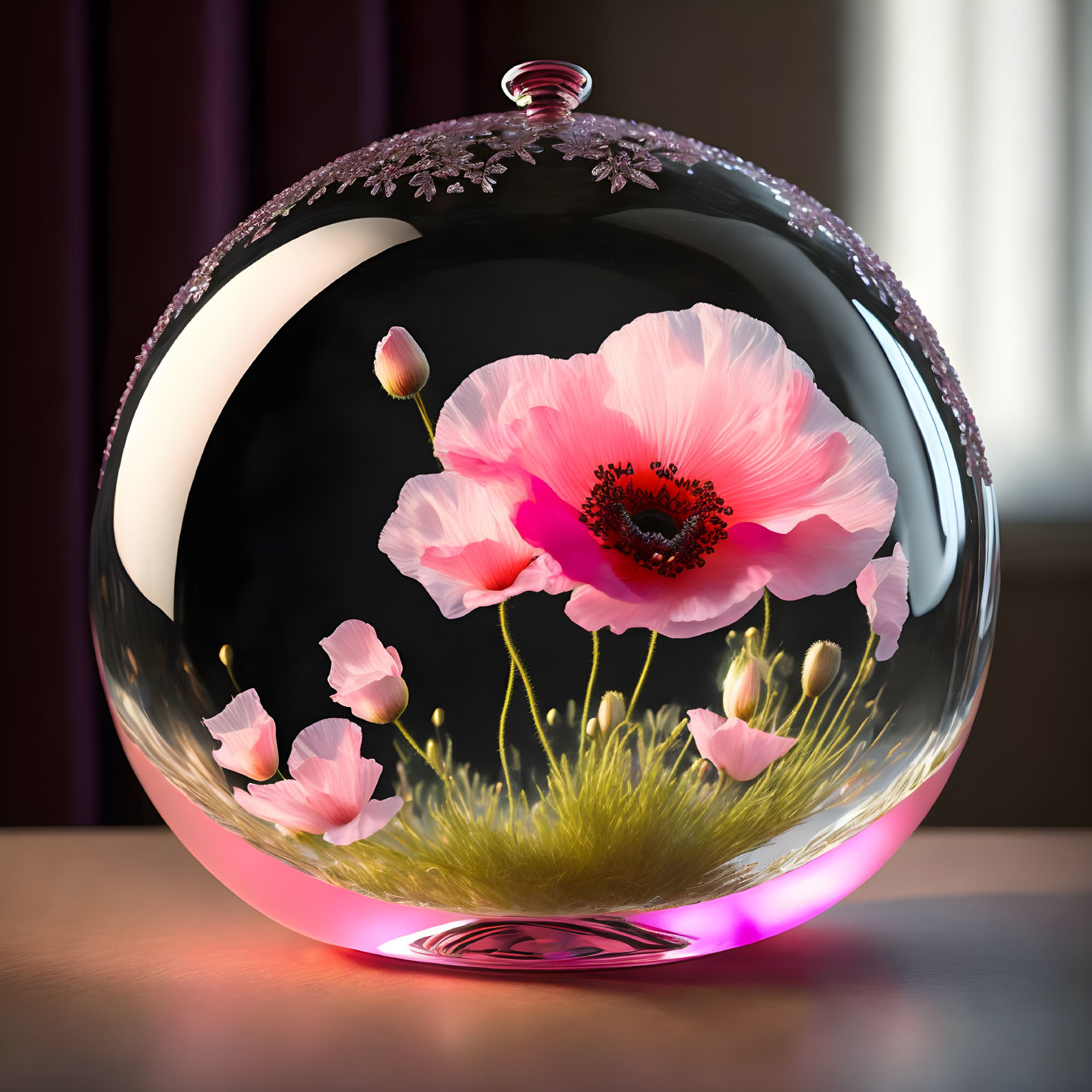 Transparent Glass Orb with Pink Poppy and Buds on Reflective Surface