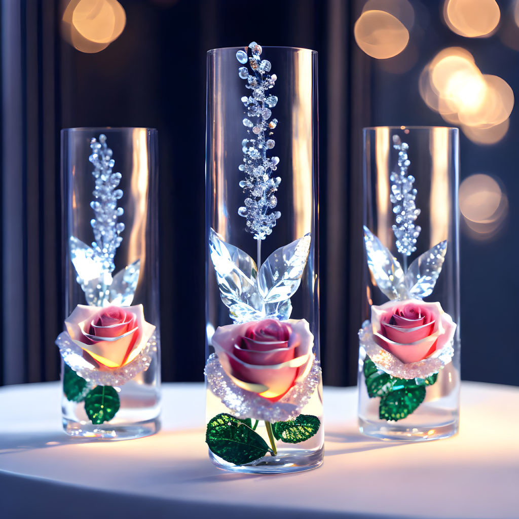 Elegant Decorative Glasses with Jeweled Stems and Pink Roses