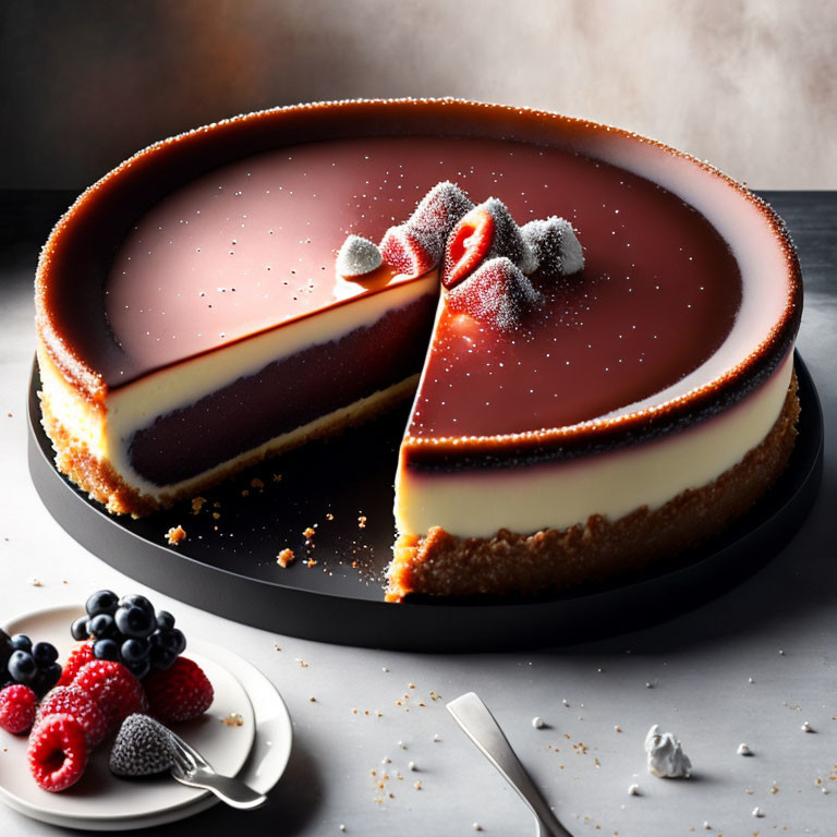 Creamy Cheesecake with Berries on Dark Background