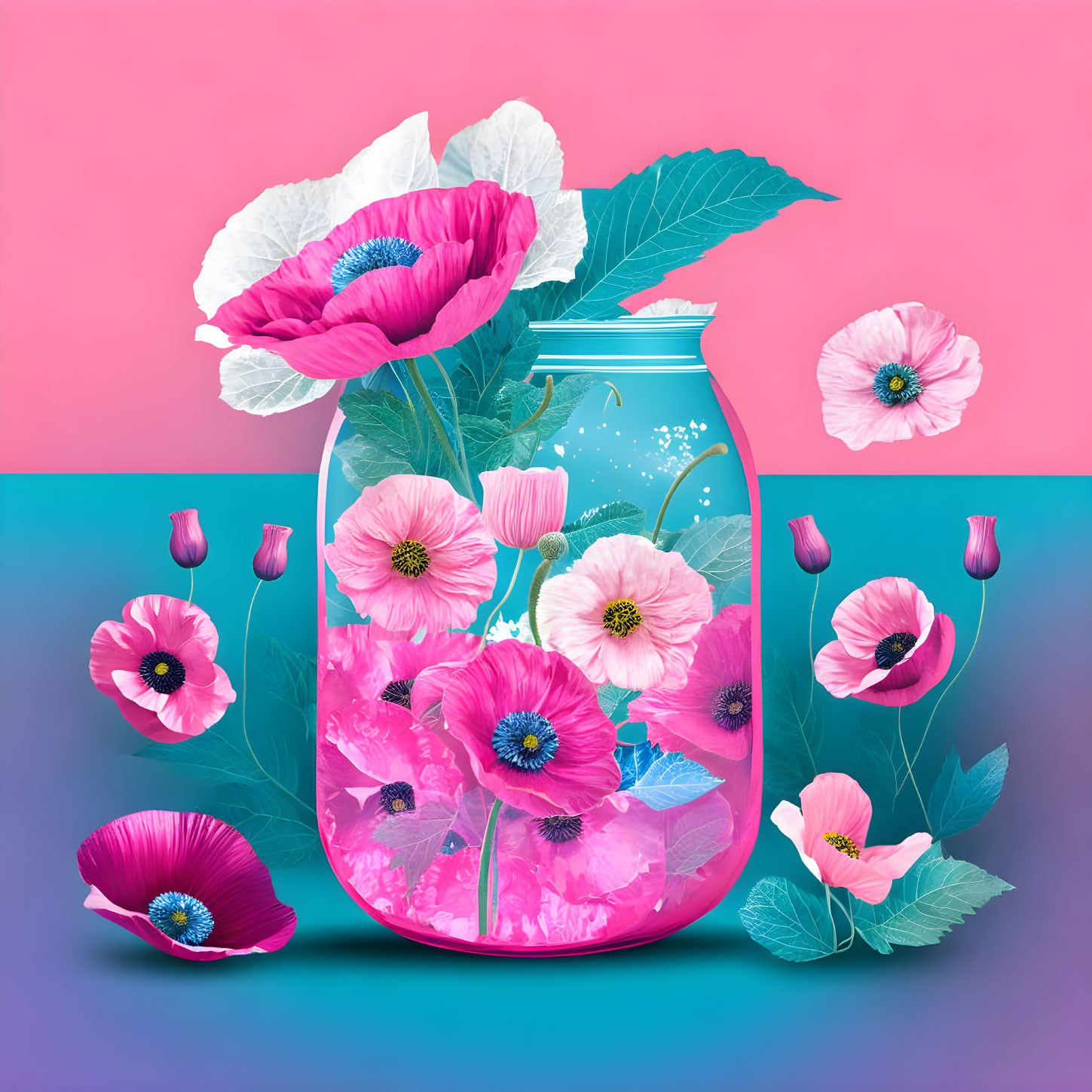 Colorful digital artwork: glass jar with pink water and flowers on pink-blue background