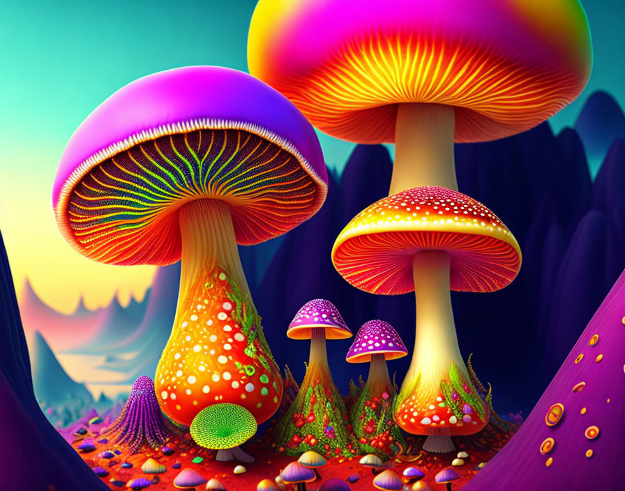 Colorful fantasy mushrooms in whimsical sunset landscape