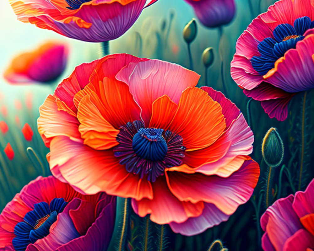 Detailed red and purple poppies illustration with vibrant colors and intricate petals.