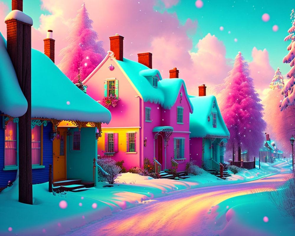 Winter street scene with colorful houses and snow-covered roofs at dusk