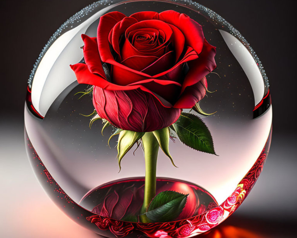 Red rose in glass sphere with ornate patterns on dark background