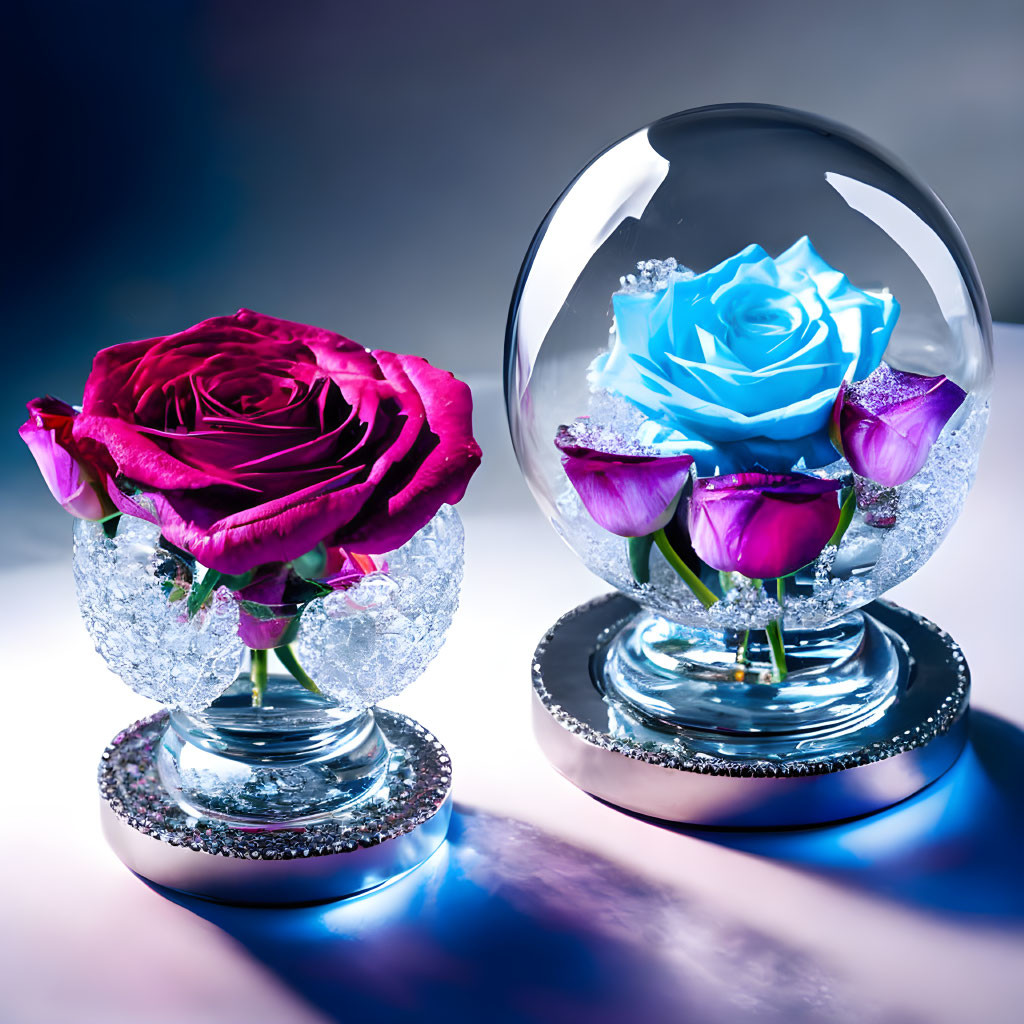 Ornamental red and blue roses in glass spheres on crystal bases