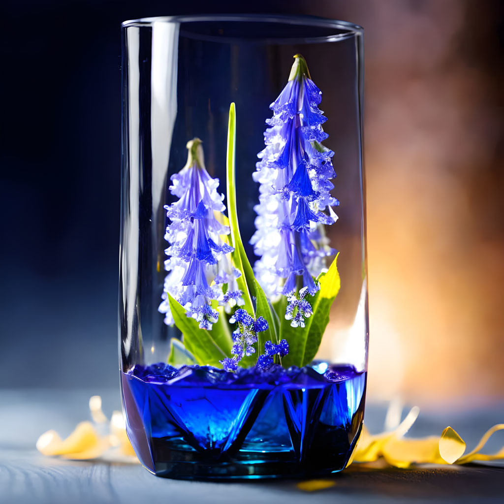 Blue flowers and green leaves in clear glass vase with blue water on warm ambient backdrop