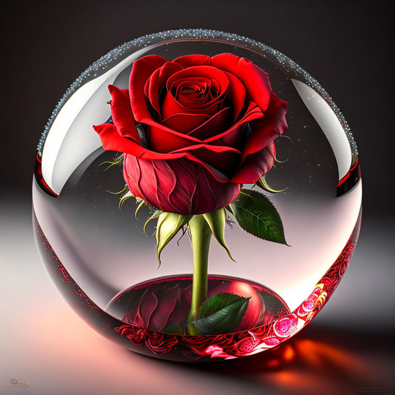 Red rose in glass sphere with ornate patterns on dark background