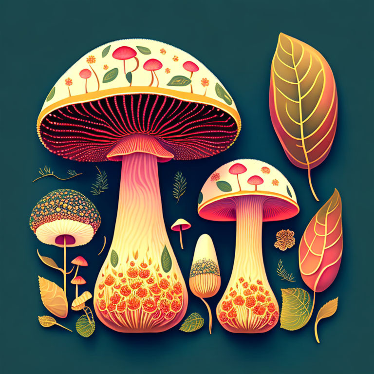 Colorful Mushroom Illustration with Intricate Patterns and Leaves on Dark Background