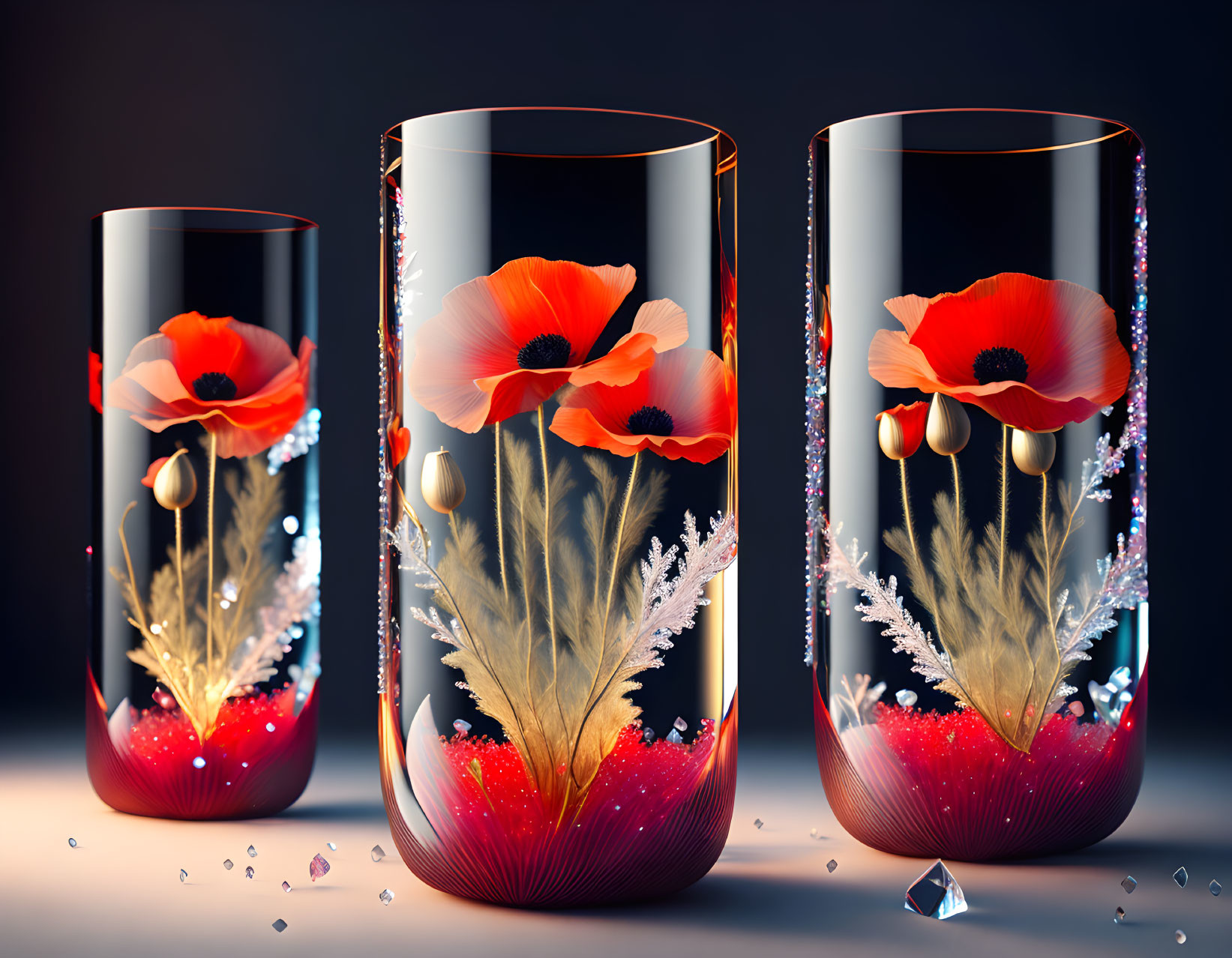 Decorative glass vases with red poppy designs on dark surface