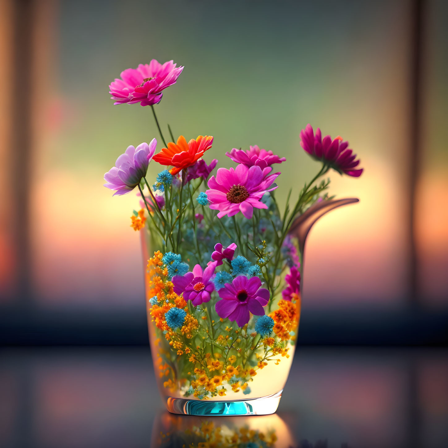 Colorful Flower Bouquet in Clear Glass Vase on Sunset Background