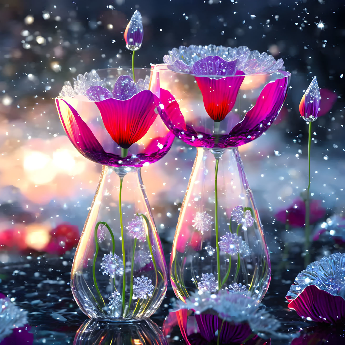 Glass vases with fantasy flowers in magical setting and sparkles on bokeh light background