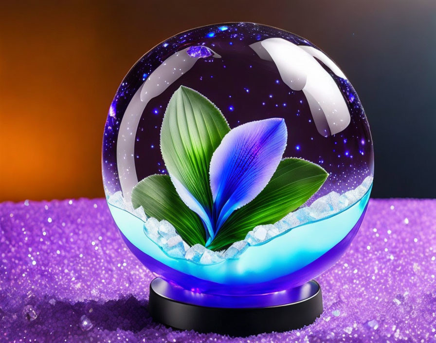 3D leaf design crystal ball on purple glitter surface