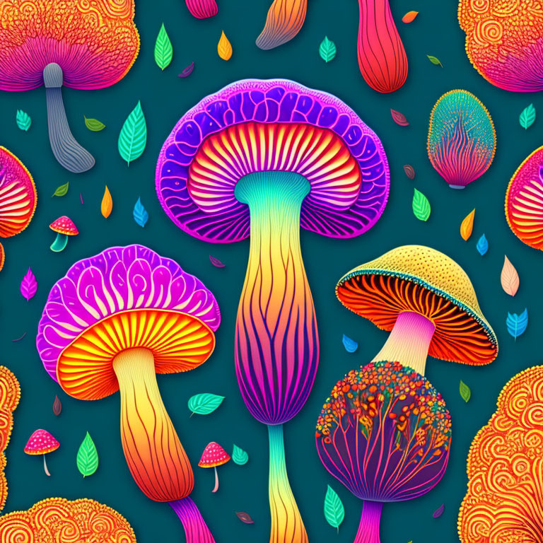 Colorful Stylized Mushroom Illustration with Decorative Patterns on Teal Background