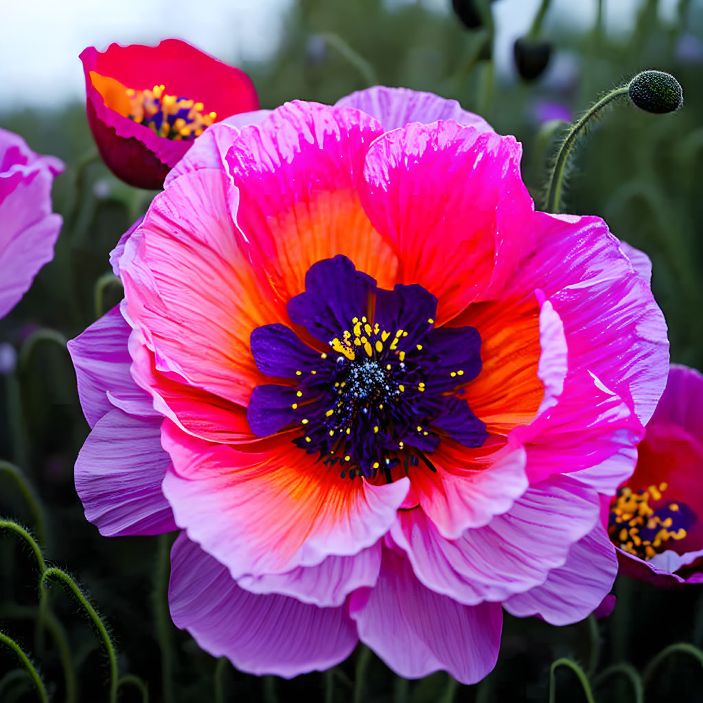 Vibrant Pink Poppy with Dark Purple Center and Yellow Stamens