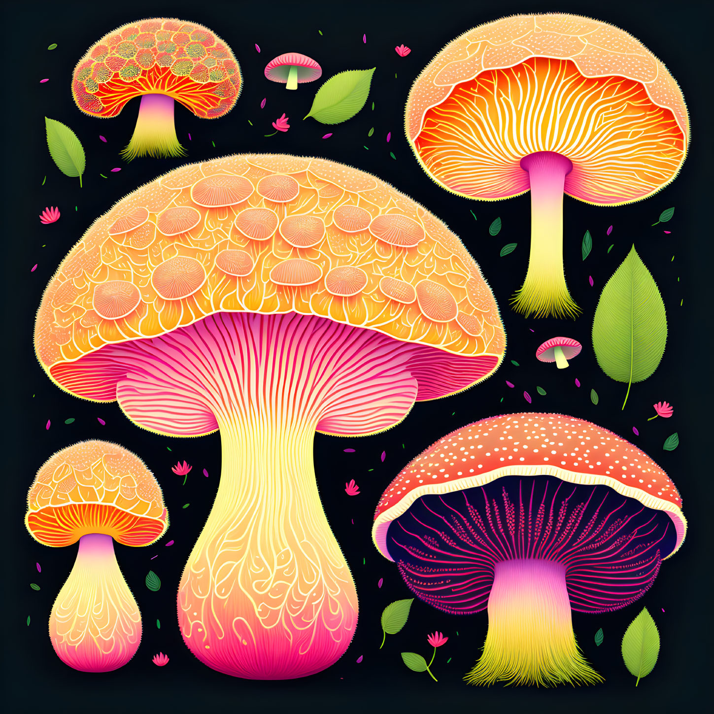 Colorful Mushroom Illustration in Neon Tones on Black Background