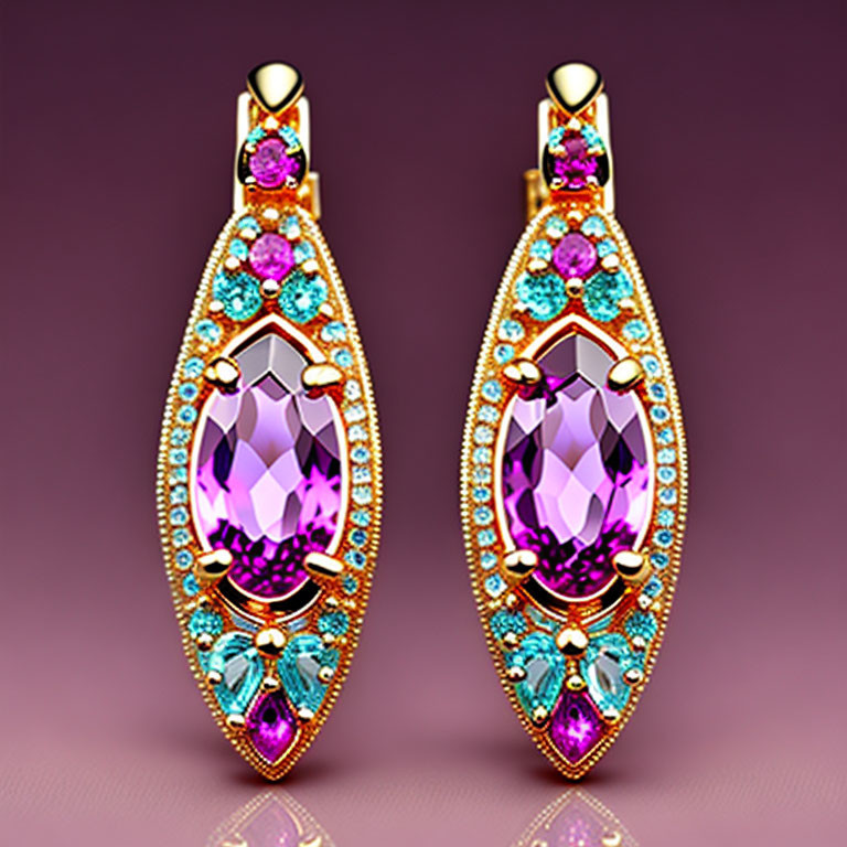 Gold Earrings with Oval Purple Gemstones and Pink/Blue Crystals on Pink Background