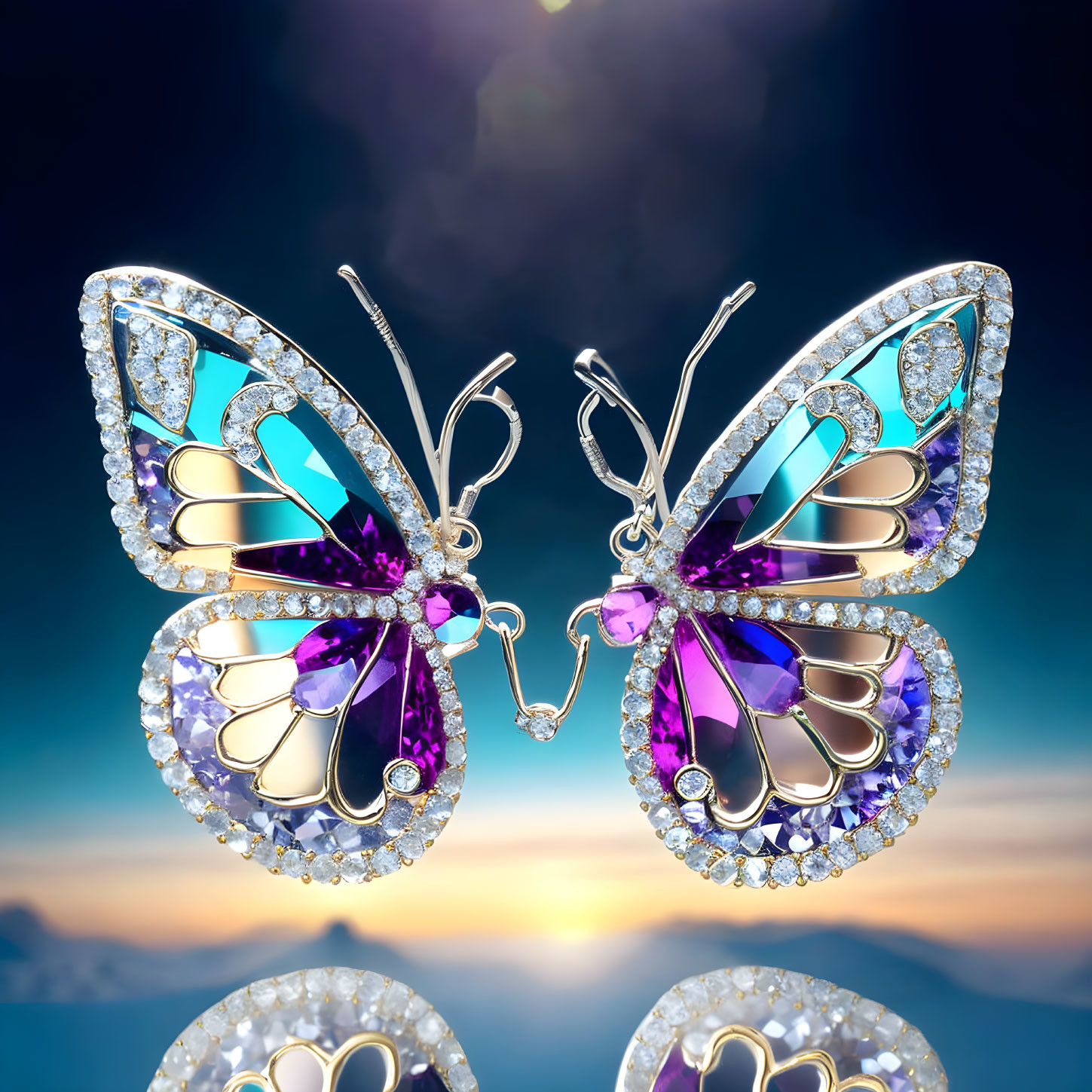 Sparkling gemstone butterfly earrings on twilight sky background