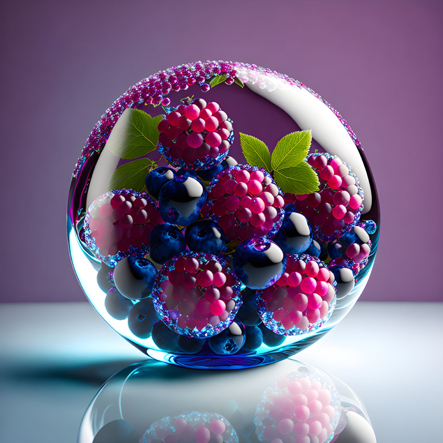 Colorful Blueberries and Raspberries in Crystal Sphere on Purple Background