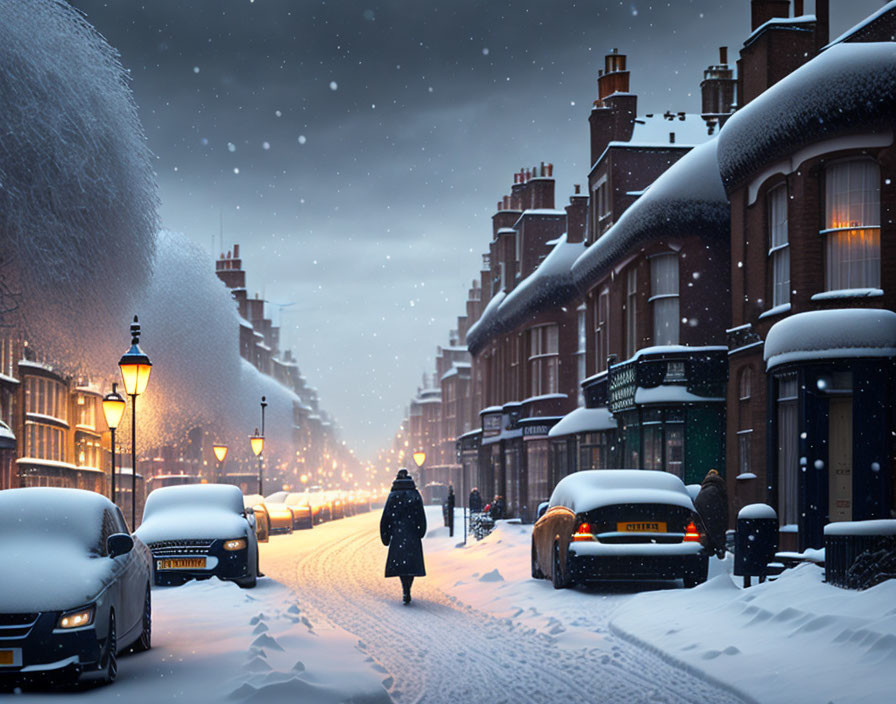 Snowy, Lamp-Lit Street with Victorian Houses and Cars