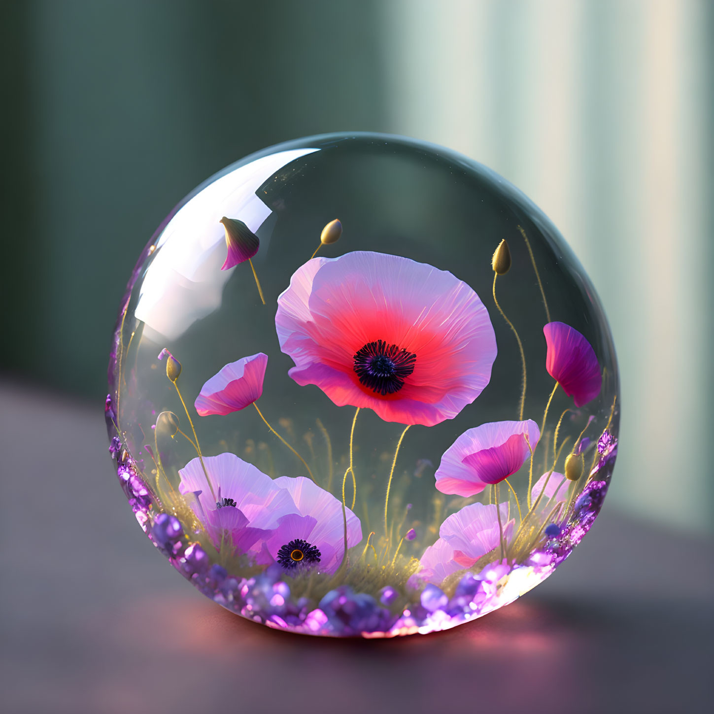 Vibrant pink poppies and buds in crystal ball reflection