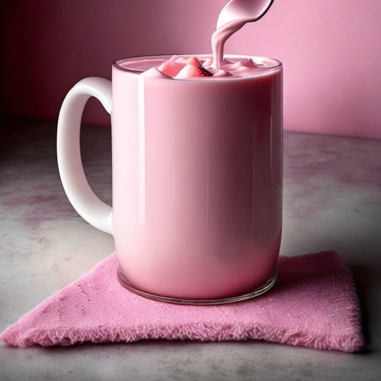 Pink beverage poured into pink mug on pink napkin against pink and gray background