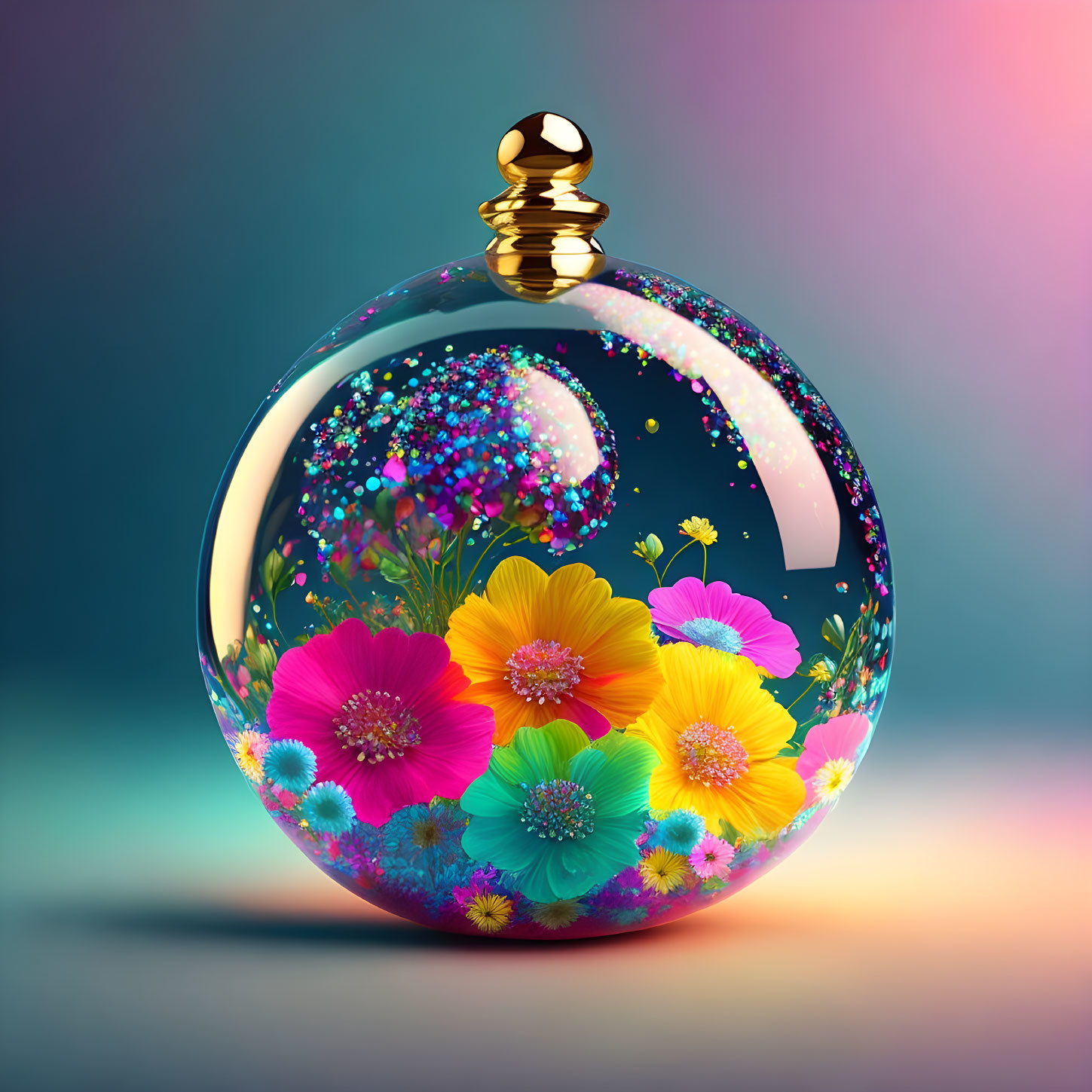 Colorful Glass Orb with Flowers and Glitter on Gradient Background