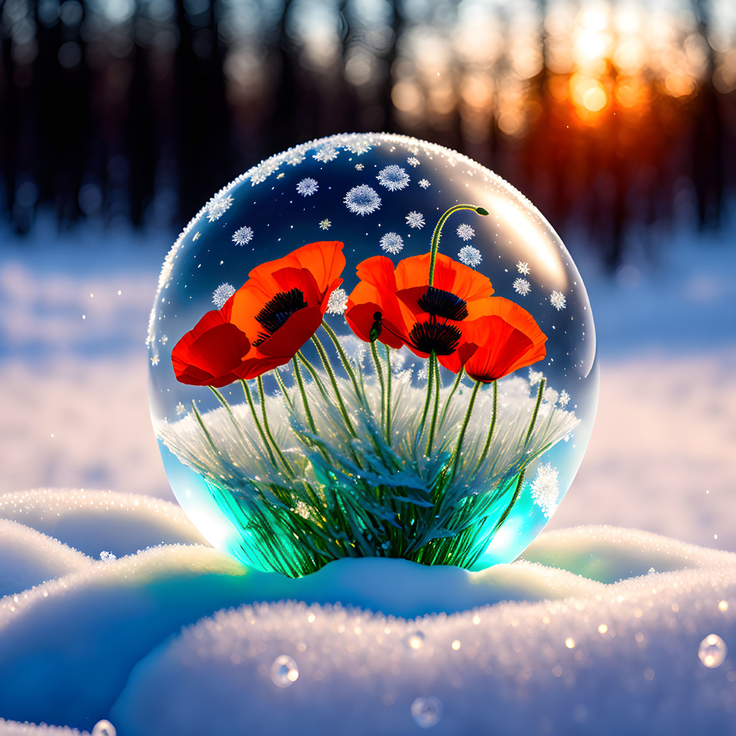 Transparent sphere with red poppies, greenery, snow, and forest under sunrise or sunset.