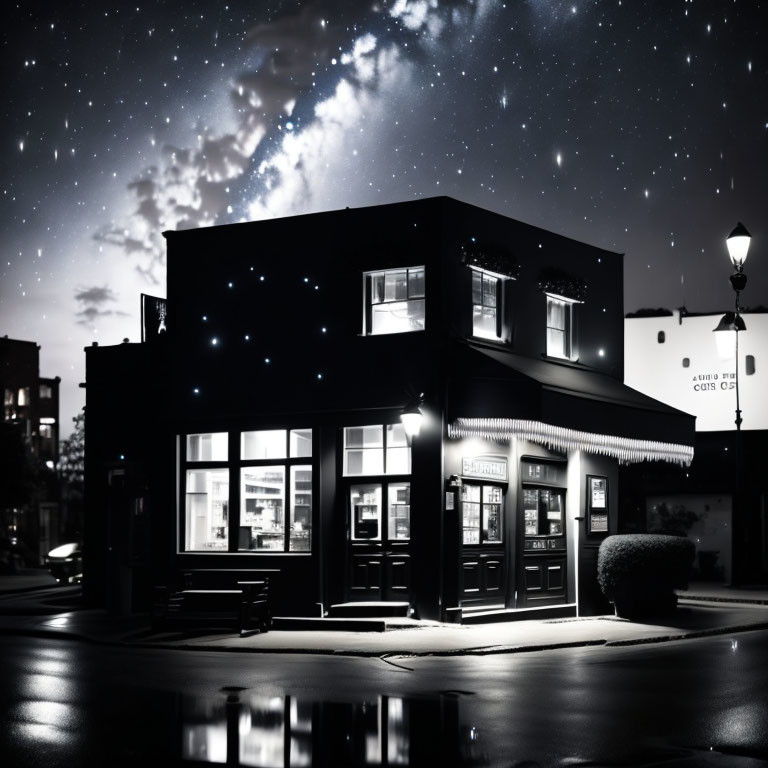 Two-story building at night with illuminated windows under starry sky and wet pavement.