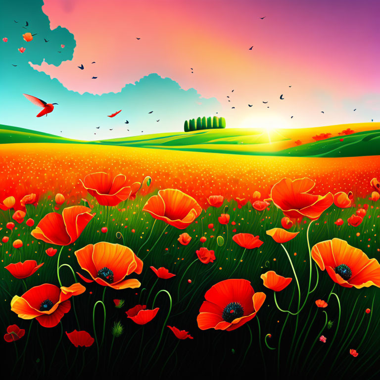 Colorful Sunset Landscape with Red Poppies and Birds