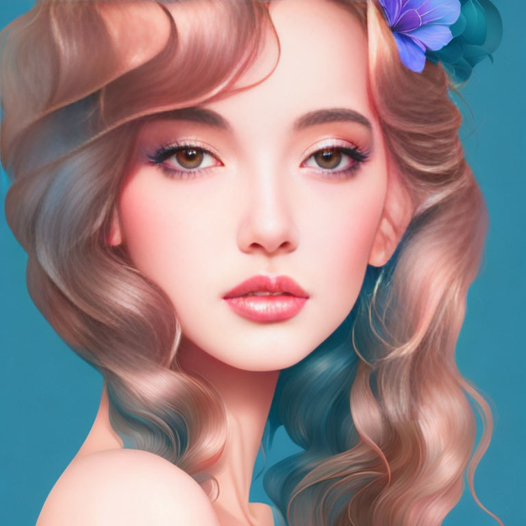 Stylized digital portrait of young woman with wavy hair and blue flowers, detailed eyes, subtle