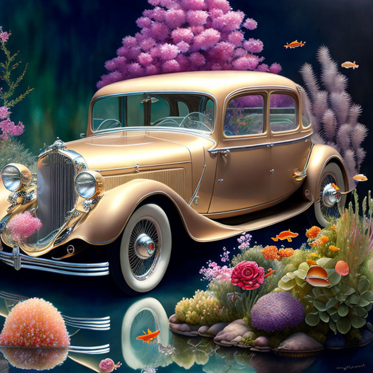 Vintage Golden Car Submerged in Vibrant Underwater Scene