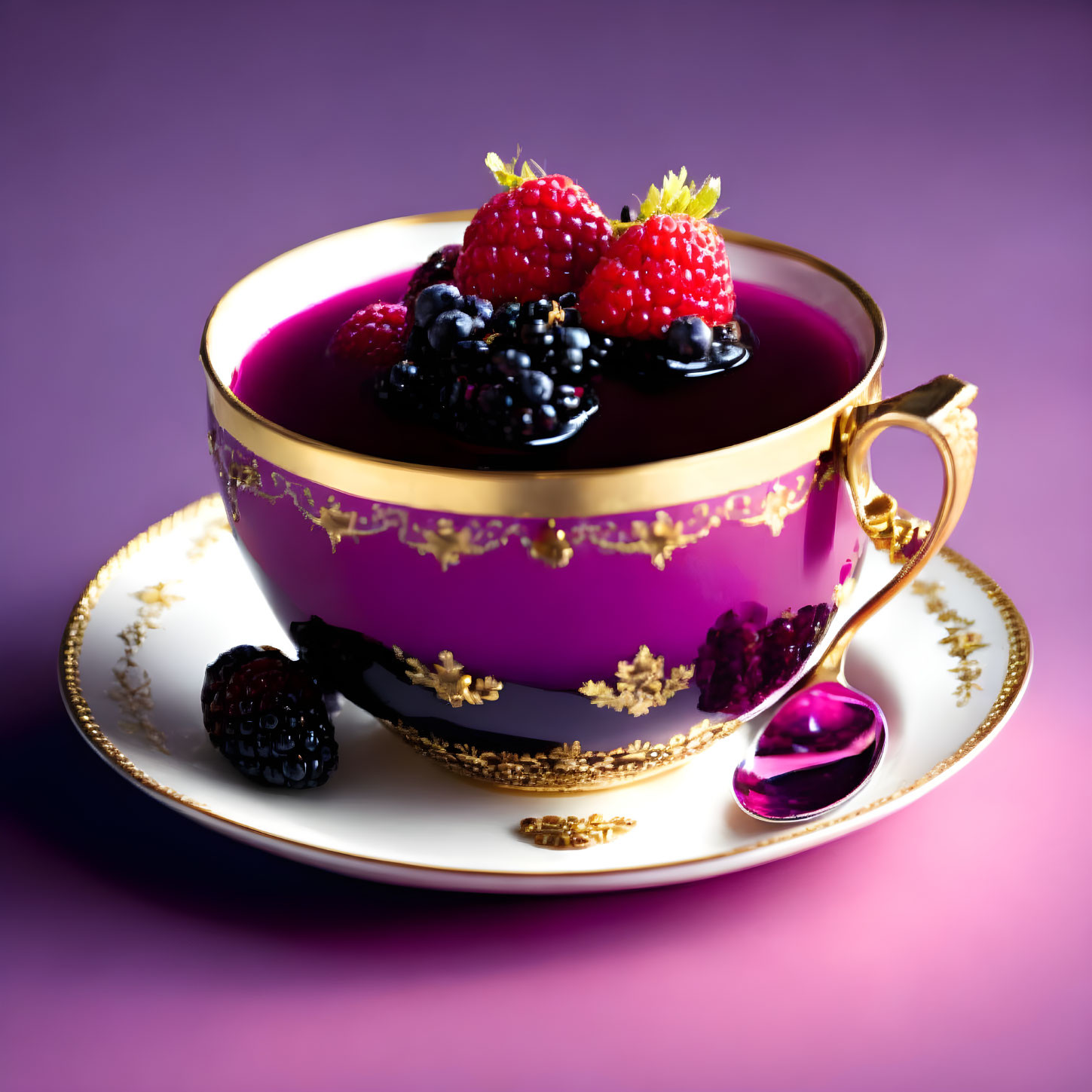 Golden-rimmed purple teacup with berries on matching saucer on gradient background