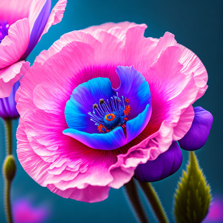 Vibrant Pink Poppy with Blue Center on Blue Background