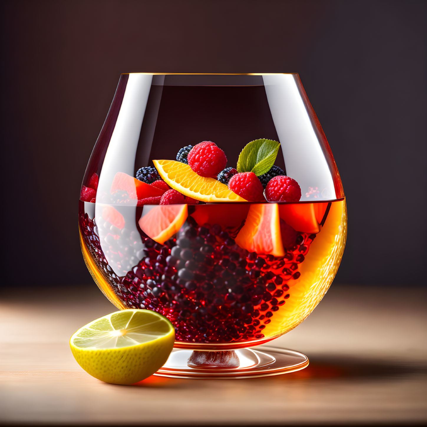 Fresh Berries and Fruit Slices in Glass on Wooden Surface