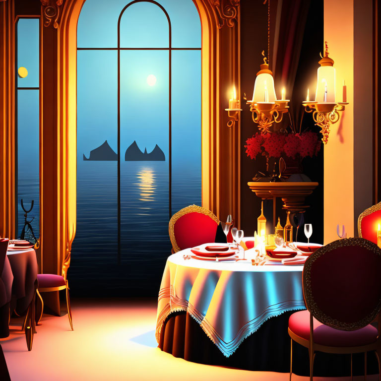 Moonlit Ocean View Dining Room with Red Chairs and Candlelight