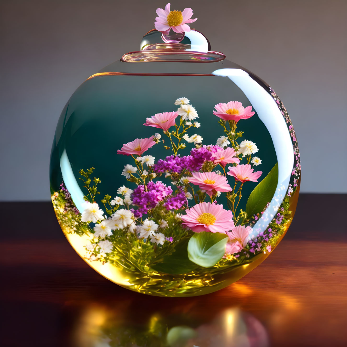 Glass vase with vibrant flowers submerged in water, reflecting on glossy surface