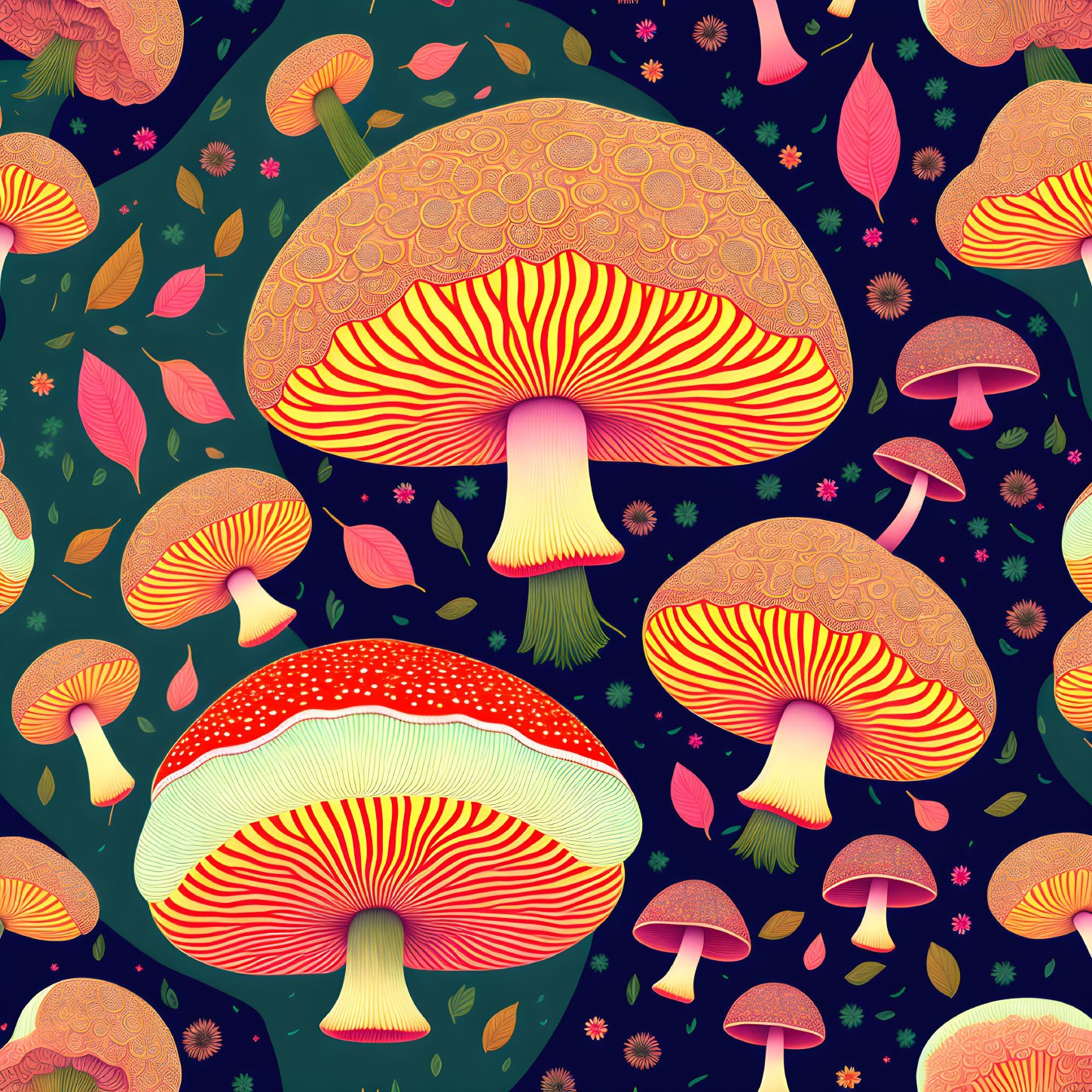 Vibrant mushroom illustration on dark green background