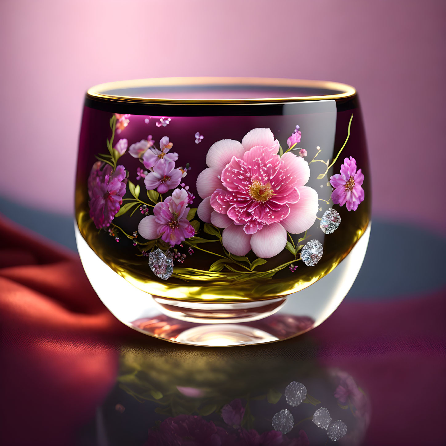 Floral-themed glass bowl on pink and purple background