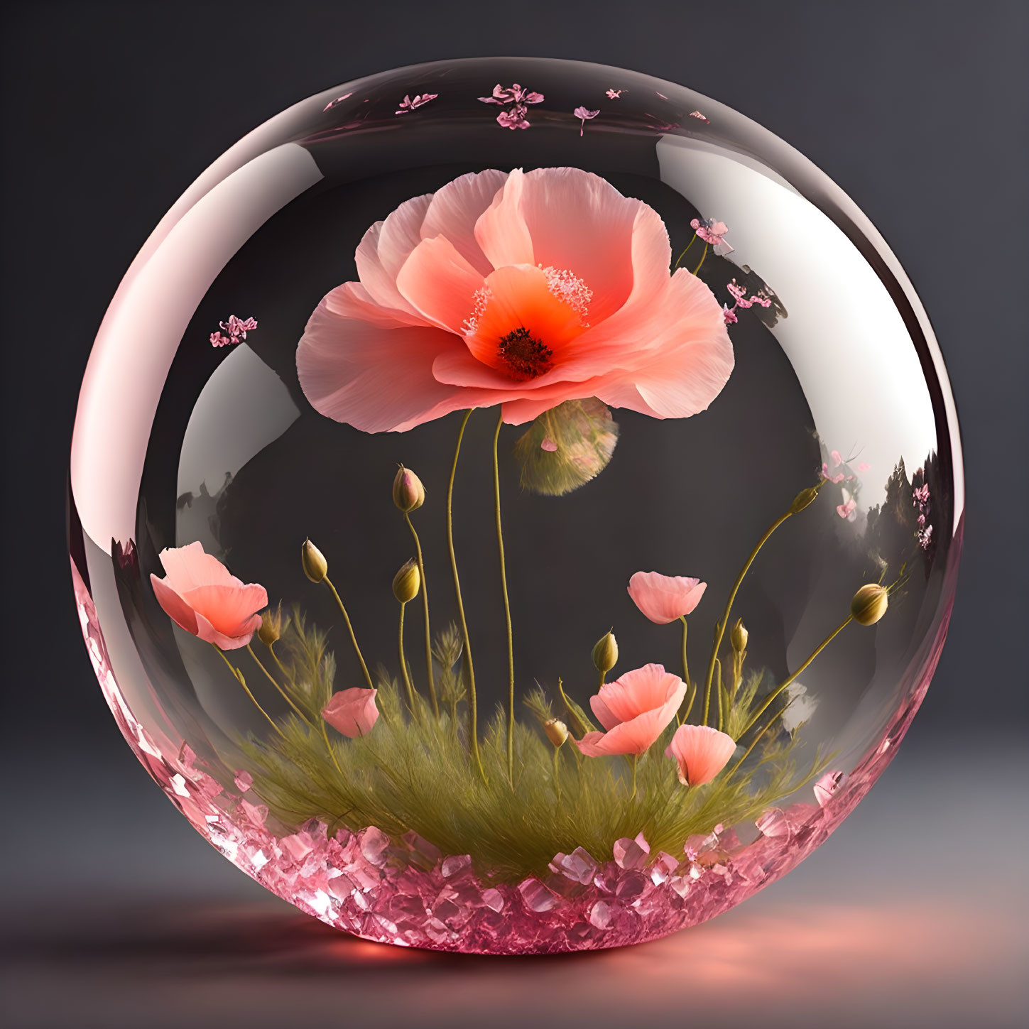 Pink Poppy Flower Encased in Crystal Sphere on Gradient Background