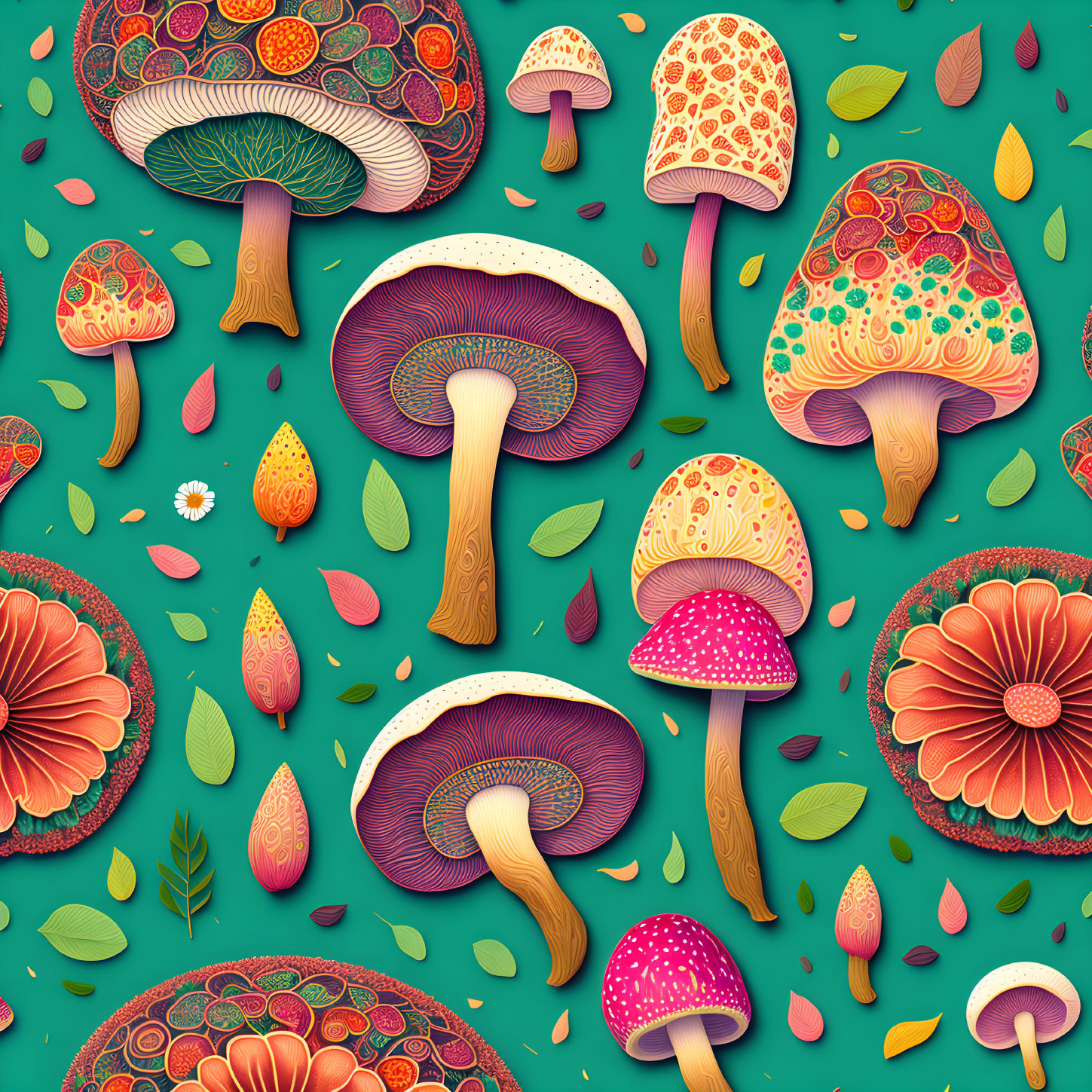 Colorful Mushroom and Floral Illustration on Teal Background