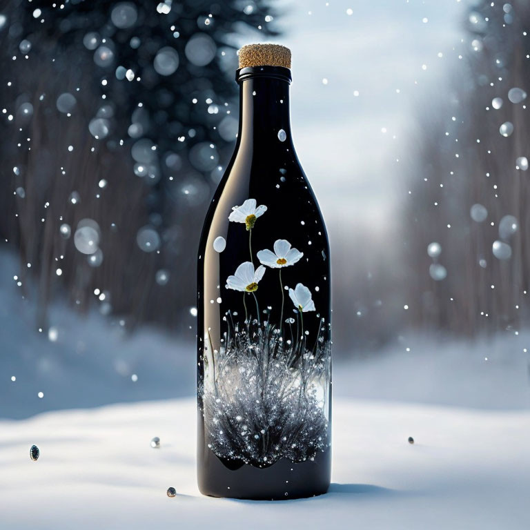 Black Bottle with Cork and White Flower Design Surrounded by Falling Snowflakes in Forest Scene