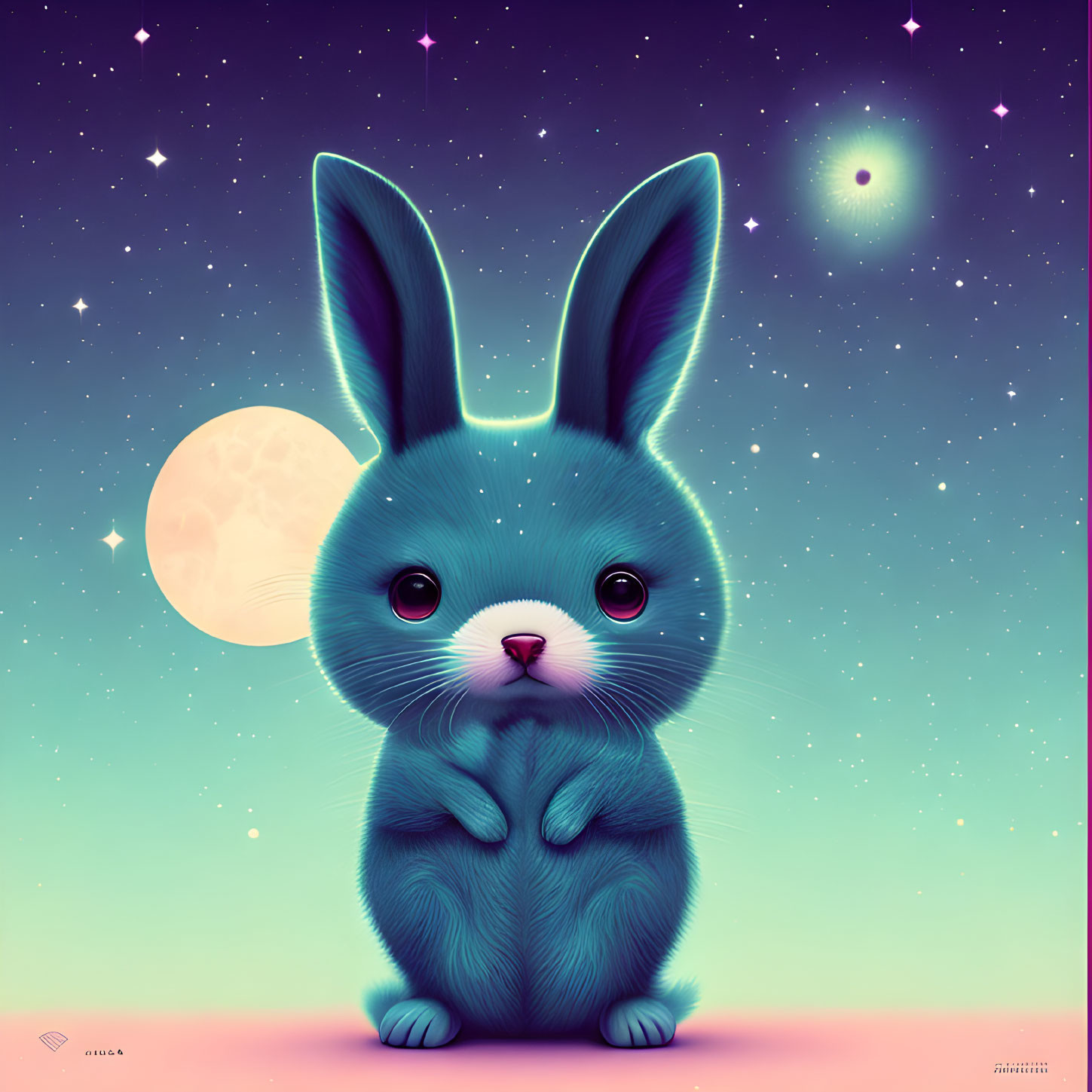 Illustration of oversized-eared bunny under whimsical night sky