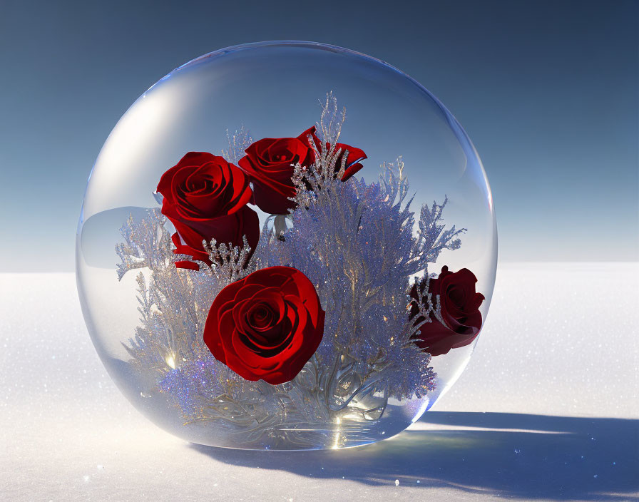 Transparent sphere with red roses and silver ferns in snowy landscape