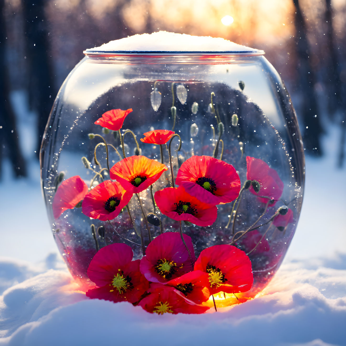 Glass jar with red poppies in snowy landscape at sunset