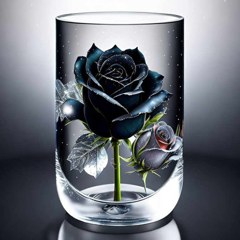 Dark Blue Rose with Dew Drops in Glass Cup on Shaded Background