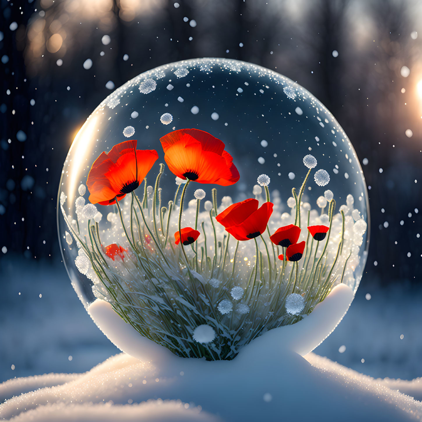 Snow globe with red poppies and frost-covered plants in wintry forest