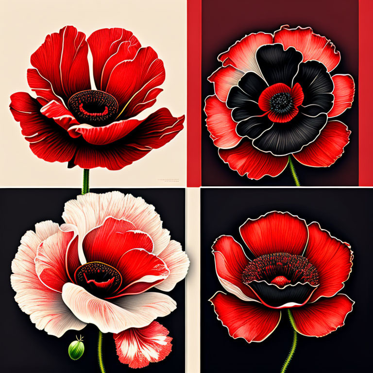 Four Stylized Red Poppy Illustrations with Various Petal Arrangements