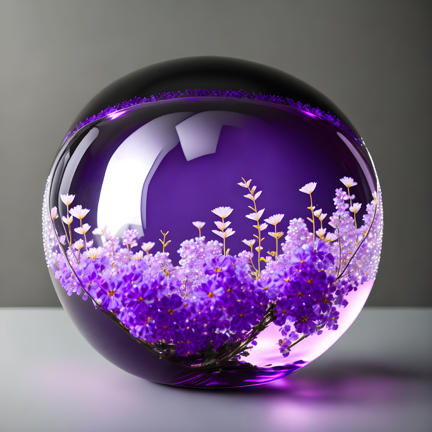 Transparent glass sphere with purple flowers and greenery in 3D terrarium on grey background