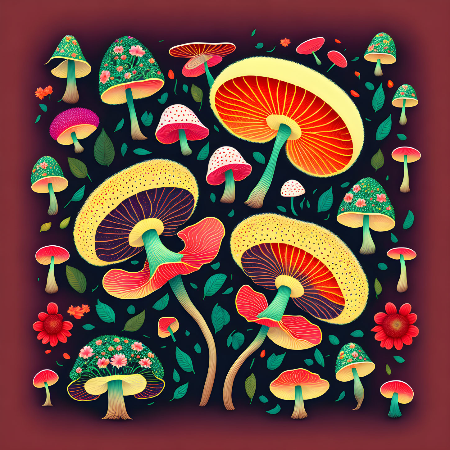 Colorful Stylized Mushrooms and Flora on Dark Background